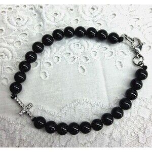 Mens Spirtual Black Glass Beaded Bracelet With Christian Cross Jewelry Faith